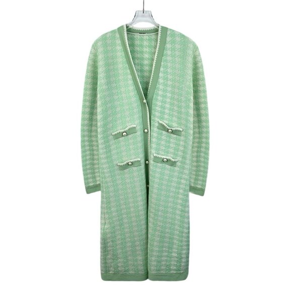 Miu Miu Green Checkered Knitted Cardigan Jacket With Pearl Details & Pockets Siz - Picture 1 of 8